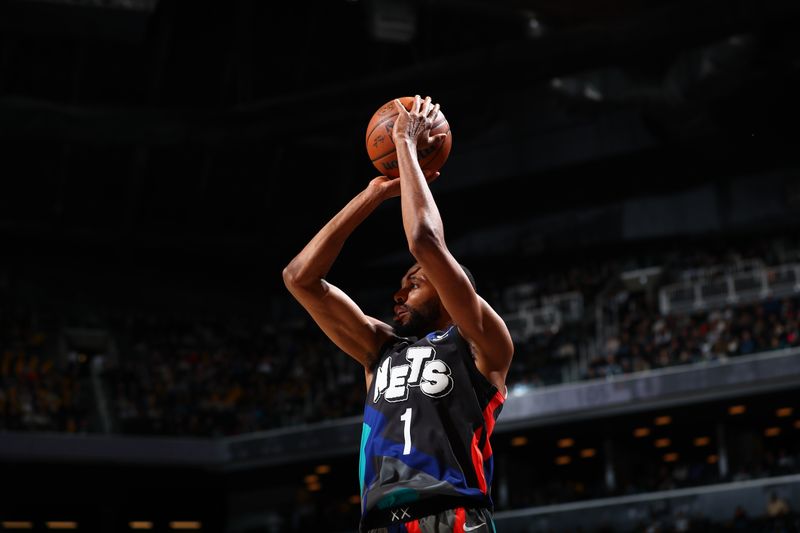 BROOKLYN, NY - APRIL 3: Mikal Bridges #1 of the Brooklyn Nets shoots the ball during the game against the Indiana Pacers on April 3, 2024 at Barclays Center in Brooklyn, New York. NOTE TO USER: User expressly acknowledges and agrees that, by downloading and or using this Photograph, user is consenting to the terms and conditions of the Getty Images License Agreement. Mandatory Copyright Notice: Copyright 2024 NBAE (Photo by David L. Nemec/NBAE via Getty Images)