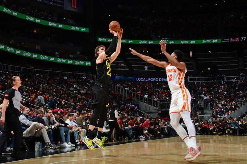 ATLANTA, GA - FEBRUARY 27: Lauri Markkanen #23 of the Utah Jazz shoots the ball during the game against the Atlanta Hawks on February 27, 2024 at State Farm Arena in Atlanta, Georgia.  NOTE TO USER: User expressly acknowledges and agrees that, by downloading and/or using this Photograph, user is consenting to the terms and conditions of the Getty Images License Agreement. Mandatory Copyright Notice: Copyright 2024 NBAE (Photo by Scott Cunningham/NBAE via Getty Images)