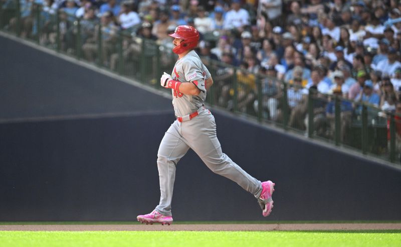 May 12, 2024; Milwaukee, Wisconsin, USA; St. Louis Cardinals first base Paul Goldschmidt (46) rounds the bases after hitting a home run against the Milwaukee Brewers in the fifth inning at American Family Field. Mandatory Credit: Michael McLoone-USA TODAY Sports