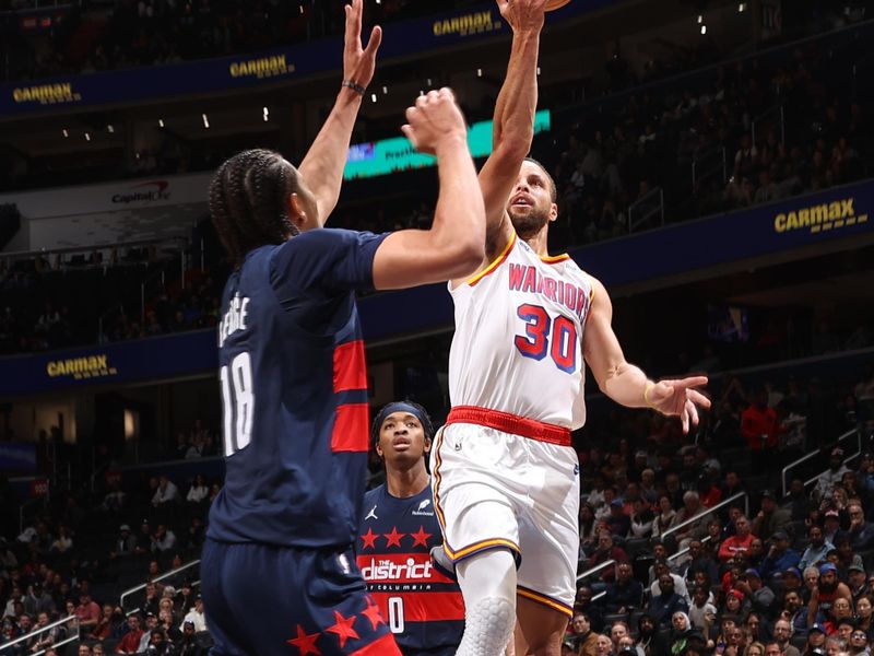 WASHINGTON, DC -? NOVEMBER 04: Stephen Curry #30 of the Golden State Warriors shoots the ball during the game against the Washington Wizards on November 04 2024 at Capital One Arena in Washington, DC. NOTE TO USER: User expressly acknowledges and agrees that, by downloading and or using this Photograph, user is consenting to the terms and conditions of the Getty Images License Agreement. Mandatory Copyright Notice: Copyright 2024 NBAE (Photo by Kenny Giarla/NBAE via Getty Images)