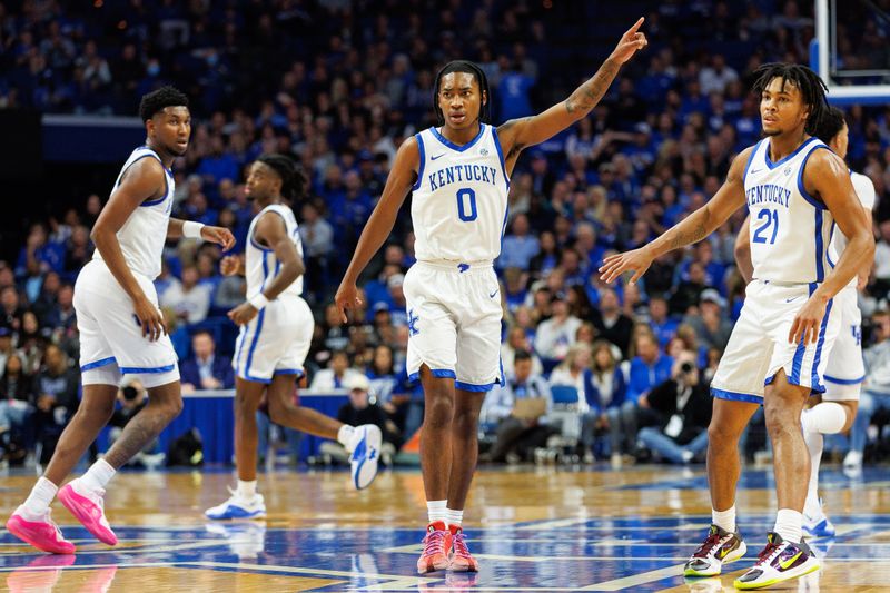 Nov 10, 2023; Lexington, Kentucky, USA; Kentucky Wildcats guard Rob Dillingham (0) celebrates a basket during the second half against the Texas A&M Commerce Lions at Rupp Arena at Central Bank Center. Mandatory Credit: Jordan Prather-USA TODAY Sports