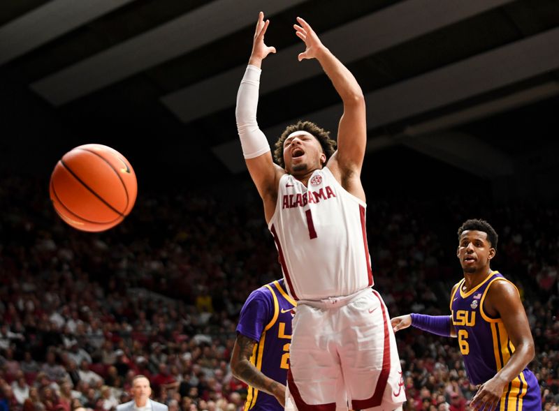 Jan 27, 2024; Tuscaloosa, Alabama, USA; Alabama guard Mark Sears (1) loses control of the ball as he drives against LSU forward Derek Fountain (20) and LSU guard Jordan Wright (6) at Coleman Coliseum. Mandatory Credit: Gary Cosby Jr.-USA TODAY Sports