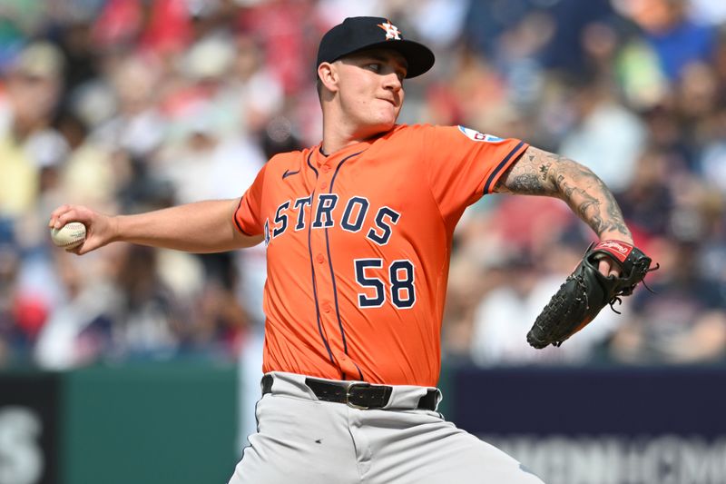Jun 7, 2025; Cleveland, Ohio, USA; Houston Astros starting pitcher Hunter Brown (58) throws a pitch during the first inning against the Cleveland Guardians at Progressive Field. Mandatory Credit: Ken Blaze-Imagn Images