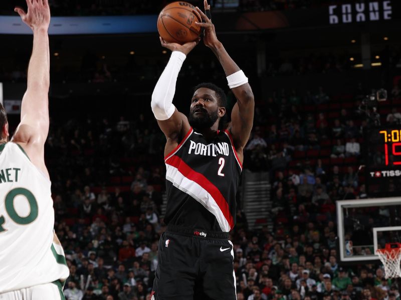 PORTLAND, OR - MARCH 11:  Deandre Ayton #2 of the Portland Trail Blazers shoots the ball during the game against the Boston Celtics on March 11, 2024 at the Moda Center Arena in Portland, Oregon. NOTE TO USER: User expressly acknowledges and agrees that, by downloading and or using this photograph, user is consenting to the terms and conditions of the Getty Images License Agreement. Mandatory Copyright Notice: Copyright 2024 NBAE (Photo by Cameron Browne/NBAE via Getty Images)