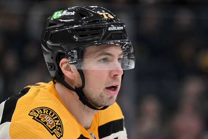 Mar 21, 2024; Boston, Massachusetts, USA; Boston Bruins defenseman Charlie McAvoy (73) watches a play against the New York Rangers during the second period at the TD Garden. Mandatory Credit: Brian Fluharty-USA TODAY Sports