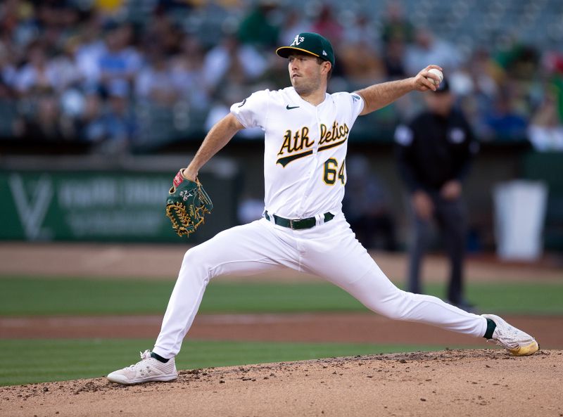 Aug 19, 2023; Oakland, California, USA; Oakland Athletics starting pitcher Ken Waldichuk (64) pitches against the Baltimore Orioles during the second inning at Oakland-Alameda County Coliseum. Mandatory Credit: D. Ross Cameron-USA TODAY Sports