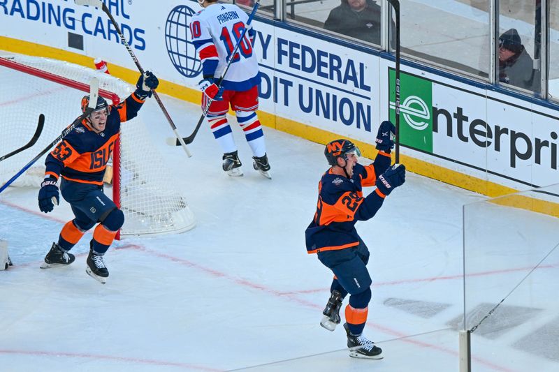 Feb 18, 2024; East Rutherford, New Jersey, USA;  New York Islanders center Brock Nelson (29) celebrates his goal against the New York Rangers during the first period in a Stadium Series ice hockey game at MetLife Stadium. Mandatory Credit: Dennis Schneidler-USA TODAY Sports