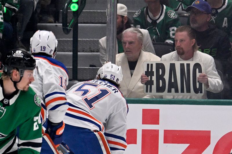 May 21, 2025; Dallas, Texas, USA; Dallas Stars fan Paul Bissonnette reacts against the Edmonton Oilers in the first period during game one of the Western Conference Final of the 2025 Stanley Cup Playoffs at American Airlines Center. Mandatory Credit: Jerome Miron-Imagn Images