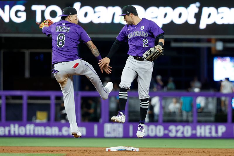 Jun 2, 2025; Miami, Florida, USA;  Colorado Rockies short stop Orlando Arcia (8) and  right fielder Tyler Freeman (2) celebrate their win against the Miami Marlins following the game at loanDepot Park. Mandatory Credit: Rhona Wise-Imagn Images