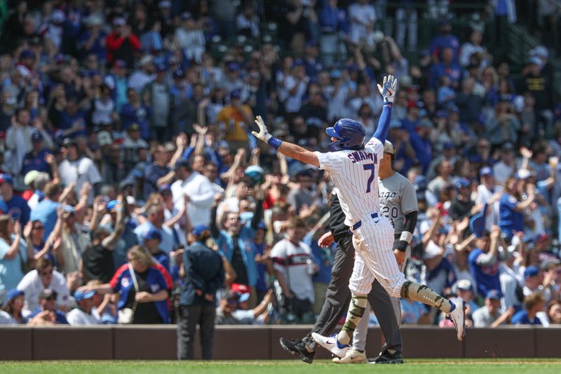 May 17, 2025; Chicago, Illinois, USA; Chicago Cubs shortstop Dansby Swanson (7) round the bases after hitting a solo home run against the Chicago White Sox during the fifth inning at Wrigley Field. Mandatory Credit: Kamil Krzaczynski-Imagn Images