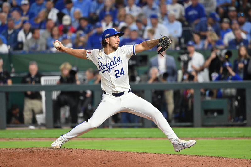 Oct 9, 2024; Kansas City, Missouri, USA; Kansas City Royals pitcher Michael Lorenzen (24) pitches in the ninth inning against the New York Yankees during game three of the NLDS for the 2024 MLB Playoffs at Kauffman Stadium. Mandatory Credit: Peter Aiken-Imagn Images
