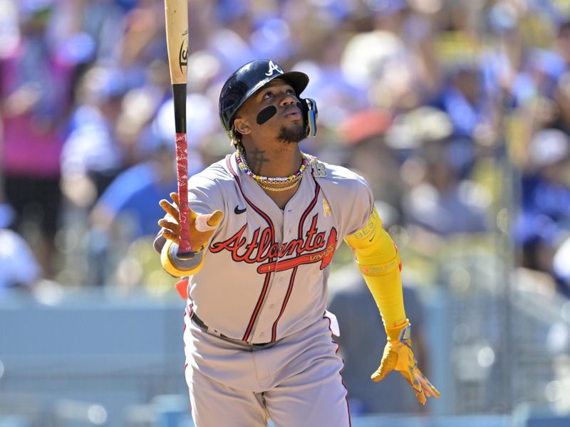 Sep 3, 2023; Los Angeles, California, USA;  Atlanta Braves second baseman Ozzie Albies (1) flies out to Los Angeles Dodgers right fielder Jason Heyward (23) in the sixth inning at Dodger Stadium. Mandatory Credit: Jayne Kamin-Oncea-USA TODAY Sports