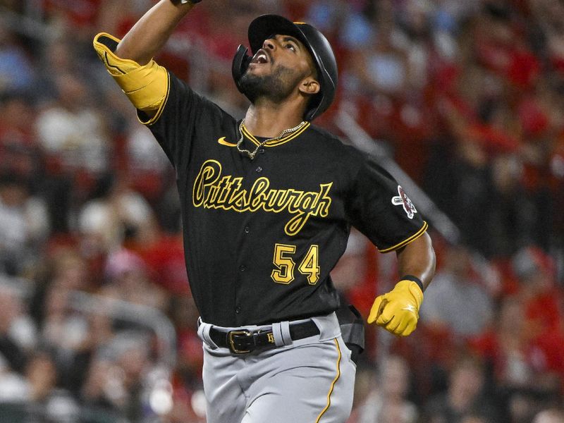 Sep 2, 2023; St. Louis, Missouri, USA;  Pittsburgh Pirates pinch hitter Joshua Palacios (54) reacts after hitting a go ahead two run home run against the St. Louis Cardinals during the ninth inning at Busch Stadium. Mandatory Credit: Jeff Curry-USA TODAY Sports