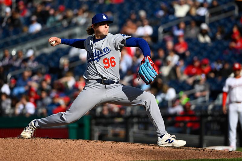 Apr 9, 2025; Washington, District of Columbia, USA; Los Angeles Dodgers pitcher Landon Knack (96) throws to the Washington Nationals during the first inning at Nationals Park. Mandatory Credit: Brad Mills-Imagn Images