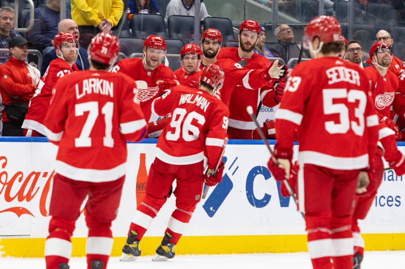 Oct 30, 2023; Elmont, New York, USA; Detroit Red Wings defenseman Jake Walman (96) celebrates his goal against the New York Islanders during the third period at UBS Arena. Mandatory Credit: Thomas Salus-USA TODAY Sports