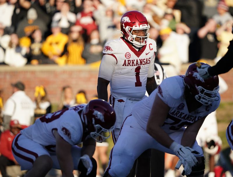 Nov 25, 2022; Columbia, Missouri, USA; Arkansas Razorbacks quarterback KJ Jefferson (1) readies for the snap against the Missouri Tigers during the first half at Faurot Field at Memorial Stadium. Mandatory Credit: Denny Medley-USA TODAY Sports