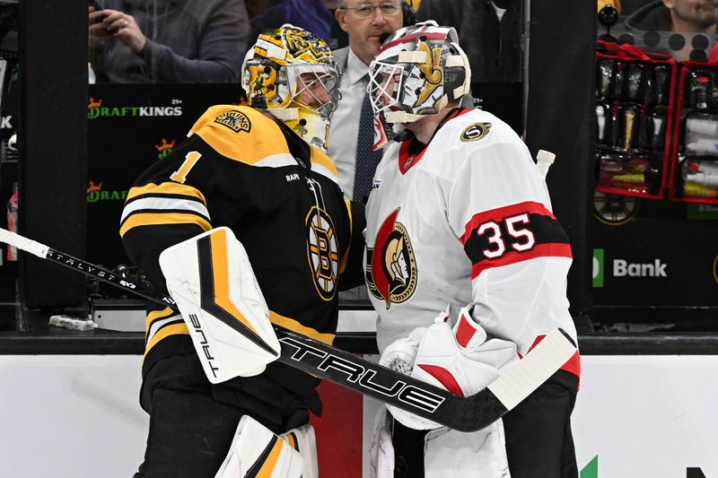 Nov 9, 2024; Boston, Massachusetts, USA; Boston Bruins goaltender Jeremy Swayman (1) talks with Ottawa Senators goaltender Linus Ullmark (35) before a game at TD Garden. Mandatory Credit: Brian Fluharty-Imagn Images