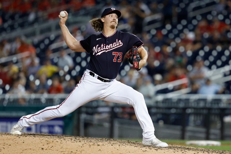 Aug 15, 2023; Washington, District of Columbia, USA; Washington Nationals relief pitcher Hunter Harvey (73) pitches against the Boston Red Sox during the ninth inning at Nationals Park. Mandatory Credit: Geoff Burke-USA TODAY Sports