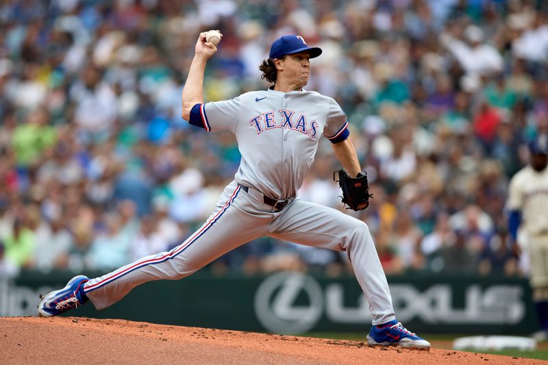 Aug 3, 2025; Seattle, Washington, USA; Texas Rangers starting pitcher Jacob deGrom (48) throws against the Seattle Mariners during the first inning at T-Mobile Park. Mandatory Credit: John Froschauer-Imagn Images