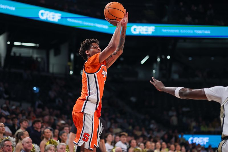 Jan 6, 2026; Atlanta, Georgia, USA; Syracuse Orange guard Kiyan Anthony (7) shoots against the Georgia Tech Yellow Jackets in the first half at McCamish Pavilion. Mandatory Credit: Brett Davis-Imagn Images
