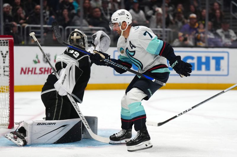 Dec 20, 2023; Los Angeles, California, USA; Seattle Kraken right wing Jordan Eberle (7) scores a goal against LA Kings goaltender Cam Talbot (39) in the third period at Crypto.com Arena. Mandatory Credit: Kirby Lee-USA TODAY Sports