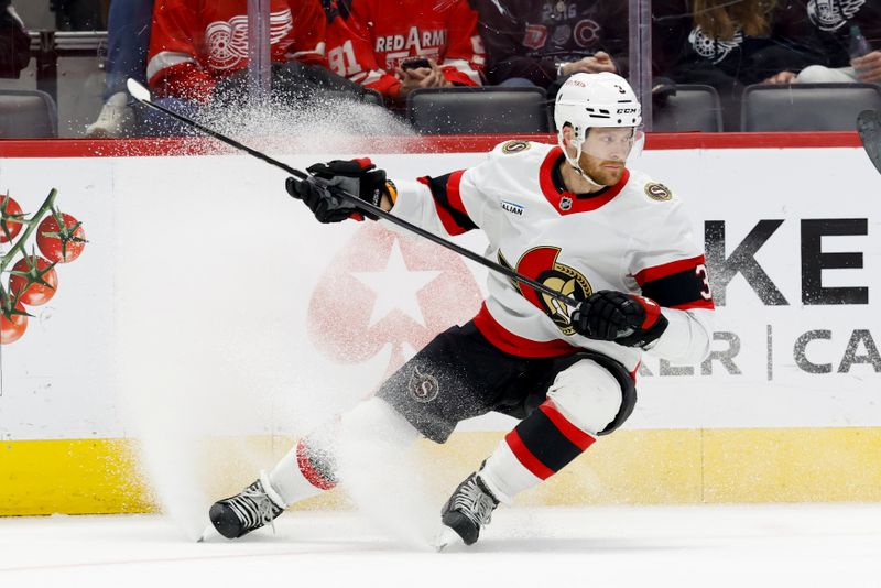 Jan 7, 2025; Detroit, Michigan, USA; Ottawa Senators defenseman Nick Jensen (3) skates in the first period at Little Caesars Arena. Mandatory Credit: Rick Osentoski-Imagn Images