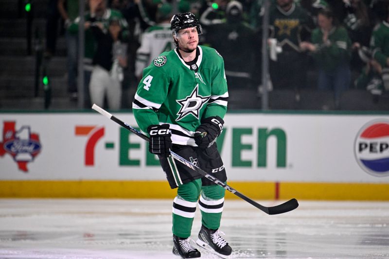 May 21, 2025; Dallas, Texas, USA; Dallas Stars defenseman Miro Heiskanen (4) reactsaftyer scoring a goal against the Edmonton Oilers in the third period during game one of the Western Conference Final of the 2025 Stanley Cup Playoffs at American Airlines Center. Mandatory Credit: Jerome Miron-Imagn Images