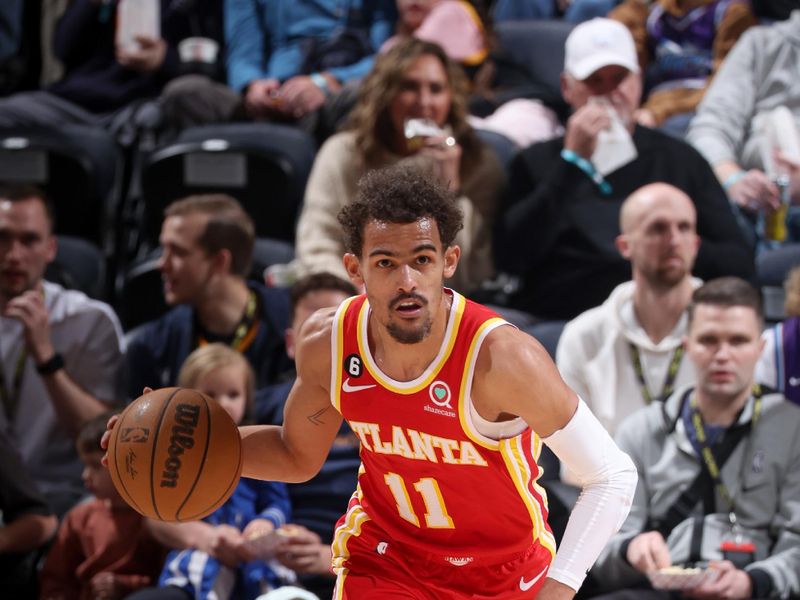 SALT LAKE CITY, UT - FEBRUARY 3: Trae Young #11 of the Atlanta Hawks dribbles the ball during the game against the Utah Jazz on February 3, 2023 at vivint.SmartHome Arena in Salt Lake City, Utah. NOTE TO USER: User expressly acknowledges and agrees that, by downloading and or using this Photograph, User is consenting to the terms and conditions of the Getty Images License Agreement. Mandatory Copyright Notice: Copyright 2023 NBAE (Photo by Melissa Majchrzak/NBAE via Getty Images)