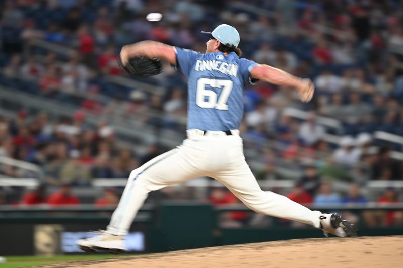 Jun 6, 2025; Washington, District of Columbia, USA; Washington Nationals relief pitcher Kyle Finnegan (67) throws a pitch during the ninth inning against the Texas Rangers at Nationals Park. Mandatory Credit: Rafael Suanes-Imagn Images