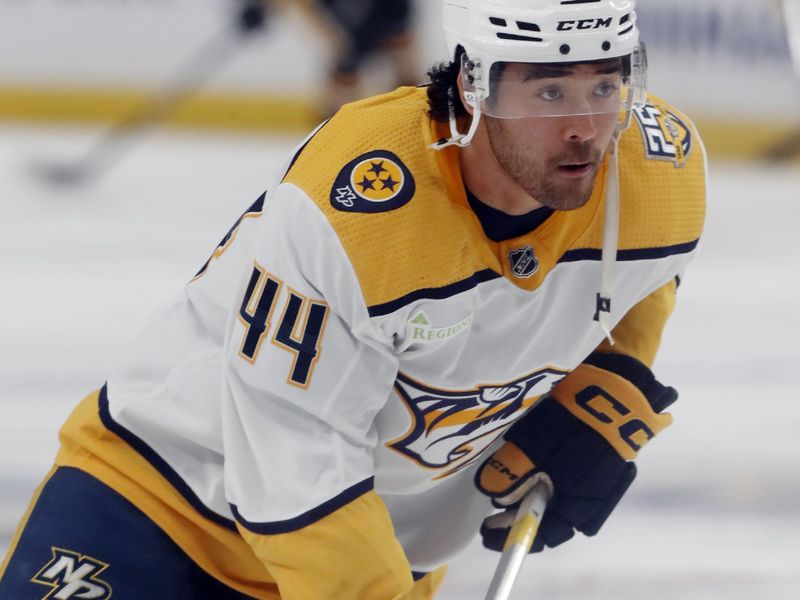 Apr 15, 2024; Pittsburgh, Pennsylvania, USA; Nashville Predators left wing Kiefer Sherwood (44) warms up before the game against he Pittsburgh Penguins at PPG Paints Arena. Mandatory Credit: Charles LeClaire-USA TODAY Sports