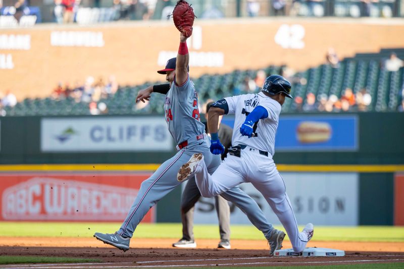 Jun 11, 2024; Detroit, Michigan, USA; Washington Nationals first baseman Joey Gallo (24) catches the ball for an out on Detroit Tigers second baseman Andy Ibáñez (77) in the first inning at Comerica Park. Mandatory Credit: David Reginek-USA TODAY Sports