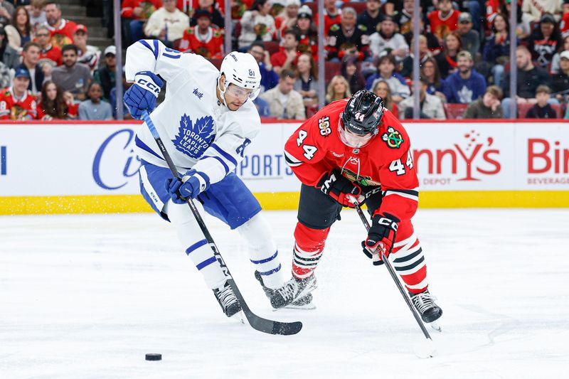 Nov 15, 2025; Chicago, Illinois, USA; Toronto Maple Leafs center Dakota Joshua (81) battles for the puck with Chicago Blackhawks defenseman Wyatt Kaiser (44) during the first period at United Center. Mandatory Credit: Kamil Krzaczynski-Imagn Images