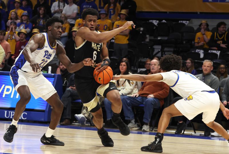 Jan 27, 2026; Pittsburgh, Pennsylvania, USA;  Wake Forest Demon Deacons guard Myles Colvin (6) dribbles the ball between pan22/ and guard Brandin Cummings (right) during the second half at the Petersen Events Center. Mandatory Credit: Charles LeClaire-Imagn Images