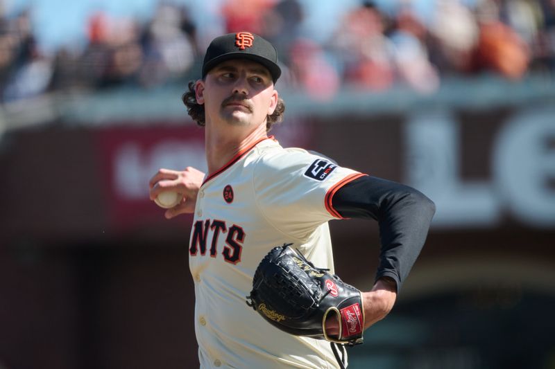 Sep 28, 2024; San Francisco, California, USA; San Francisco Giants pitcher Sean Hjelle (64) throws a pitch against the St. Louis Cardinals  during the fifth inning at Oracle Park. Mandatory Credit: Robert Edwards-Imagn Images