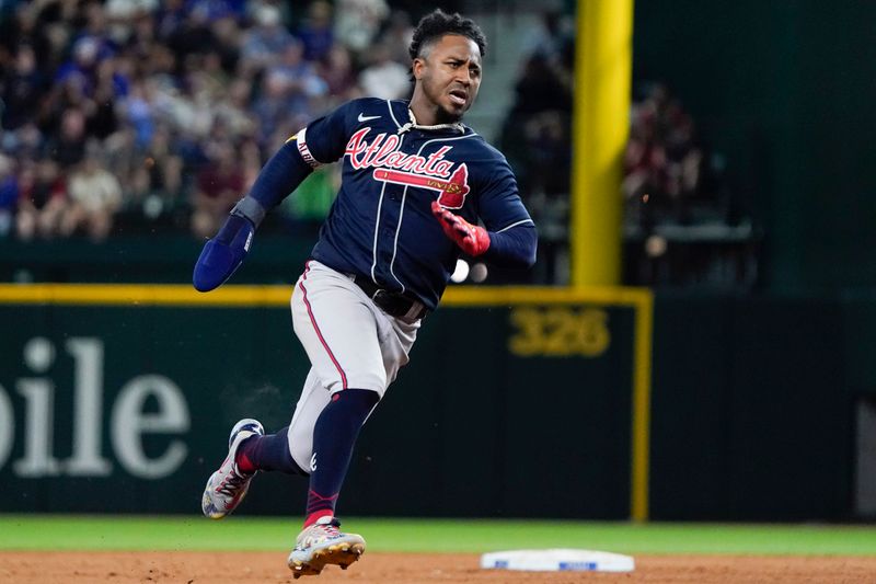 May 17, 2023; Arlington, Texas, USA; Atlanta Braves second baseman Ozzie Albies (1) runs the bases in the eighth inning against the Texas Rangers at Globe Life Field. Mandatory Credit: Raymond Carlin III-USA TODAY Sports