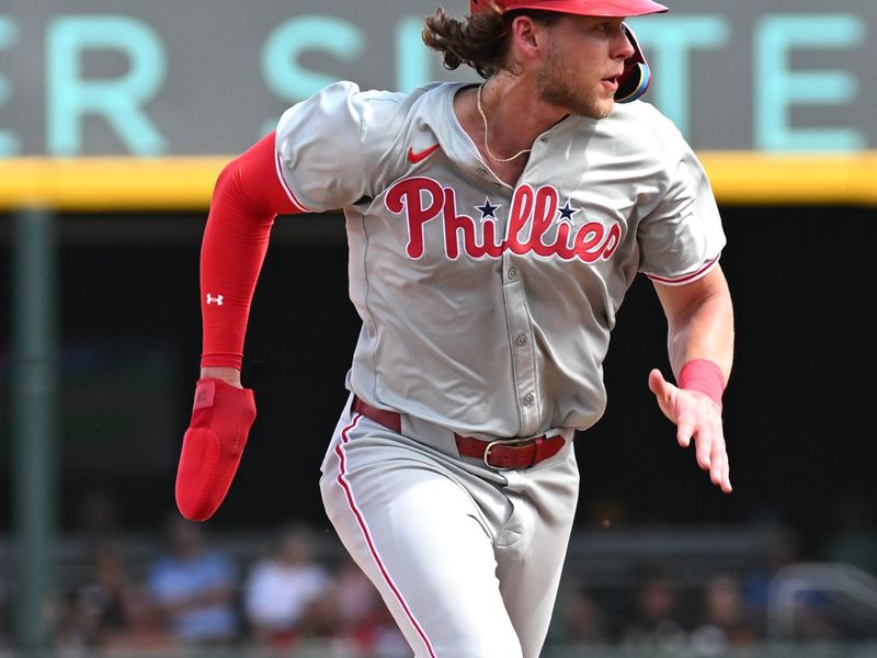 Mar 3, 2024; North Port, Florida, USA; Philadelphia Phillies first baseman Alec Bohm (28) runs towards third base in the third inning of the spring training game against the Atlanta Braves at CoolToday Park. Mandatory Credit: Jonathan Dyer-USA TODAY Sports