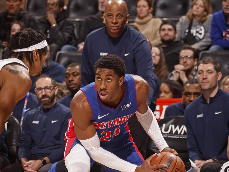 DETROIT, MI - FEBRUARY 4: Jaden Ivey #23 of the Detroit Pistons looks on during the game against the Orlando Magic on February 4, 2024 at Little Caesars Arena in Detroit, Michigan. NOTE TO USER: User expressly acknowledges and agrees that, by downloading and/or using this photograph, User is consenting to the terms and conditions of the Getty Images License Agreement. Mandatory Copyright Notice: Copyright 2024 NBAE (Photo by Brian Sevald/NBAE via Getty Images)