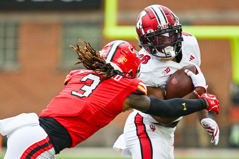 Sep 30, 2023; College Park, Maryland, USA; Maryland Terrapins defensive back Ja'Quan Sheppard (3) tackles Indiana Hoosiers running back Christian Turner (28) during the first half  at SECU Stadium. Mandatory Credit: Tommy Gilligan-USA TODAY Sports