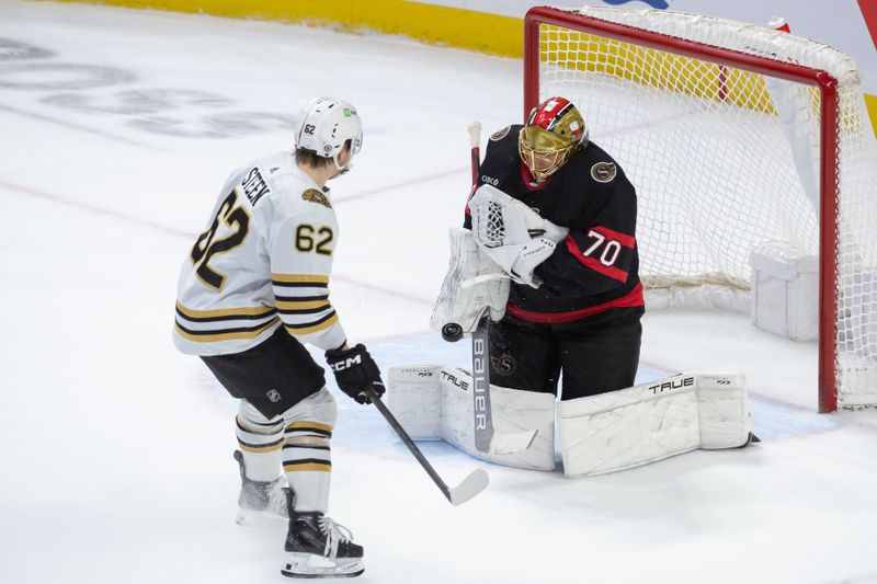 Jan 25, 2024; Ottawa, Ontario, CAN; Ottawa Senators goalie Joonas Korpisalo (70) makes a save in front of Boston Bruins center Oskar Steen (62) in the third period at the Canadian Tire Centre. Mandatory Credit: Marc DesRosiers-USA TODAY Sports