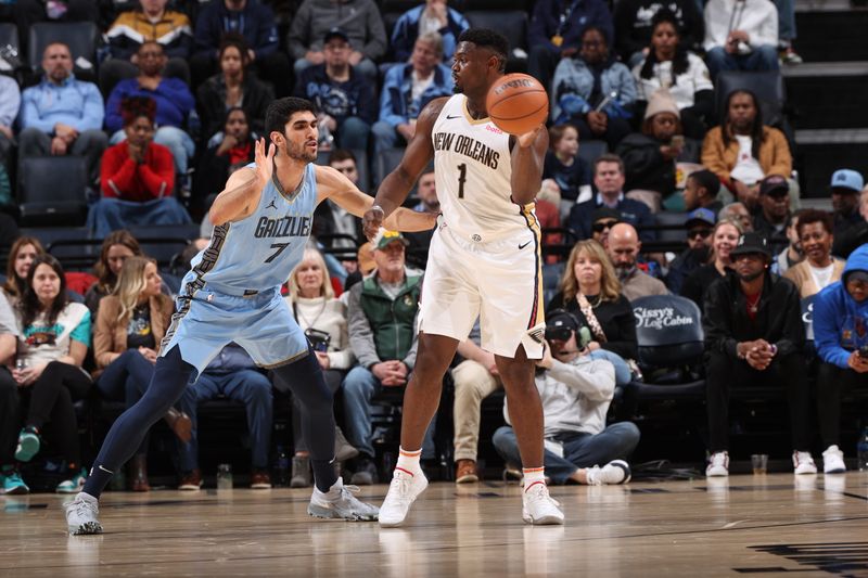 MEMPHIS, TN - FEBRUARY 12: Zion Williamson #1 of the New Orleans Pelicans looks to pass the ball during the game against the Memphis Grizzlies on February 12, 2024 at FedExForum in Memphis, Tennessee. NOTE TO USER: User expressly acknowledges and agrees that, by downloading and or using this photograph, User is consenting to the terms and conditions of the Getty Images License Agreement. Mandatory Copyright Notice: Copyright 2024 NBAE (Photo by Joe Murphy/NBAE via Getty Images)