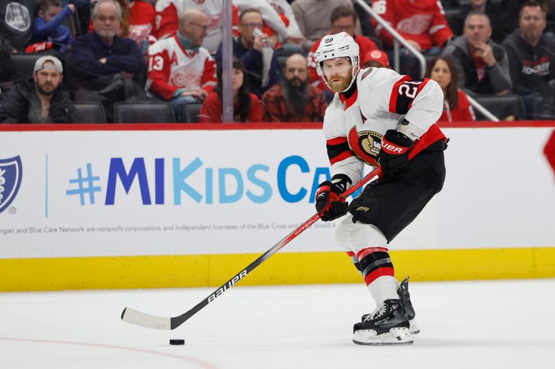 Jan 31, 2024; Detroit, Michigan, USA;  Ottawa Senators right wing Claude Giroux (28) skates with the puck in the first period against the Detroit Red Wings at Little Caesars Arena. Mandatory Credit: Rick Osentoski-USA TODAY Sports