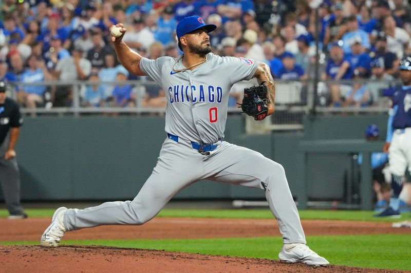 Jul 26, 2024; Kansas City, Missouri, USA;  Chicago Cubs pitcher Jesus Tinoco (0) delivers a pitch against the Kansas City Royals in the eighth inning at Kauffman Stadium. Mandatory Credit: Denny Medley-USA TODAY Sports