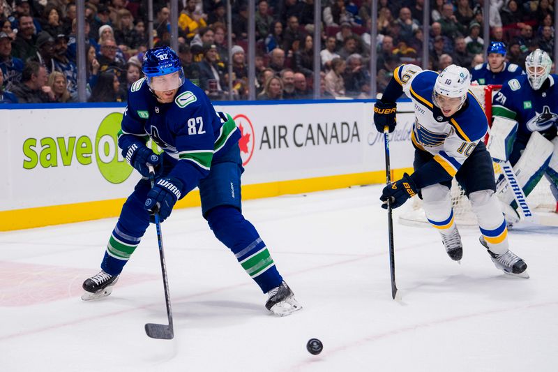 Jan 24, 2024; Vancouver, British Columbia, CAN; St. Louis Blues forward Brayden Schenn (10) pursues Vancouver Canucks defenseman Ian Cole (82) in the second period at Rogers Arena. Mandatory Credit: Bob Frid-USA TODAY Sports