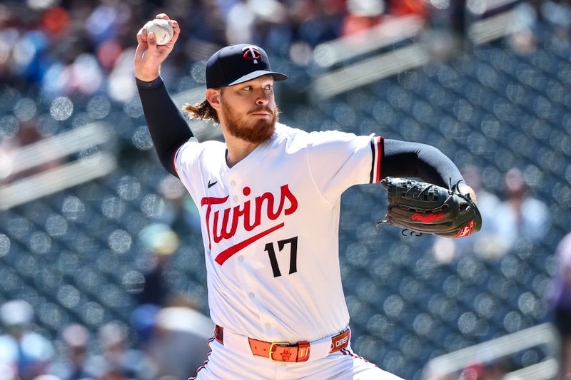 May 8, 2025; Minneapolis, Minnesota, USA; Minnesota Twins pitcher Bailey Ober (17) delivers a pitch against the Baltimore Orioles during the first inning at Target Field. Mandatory Credit: Matt Krohn-Imagn Images
