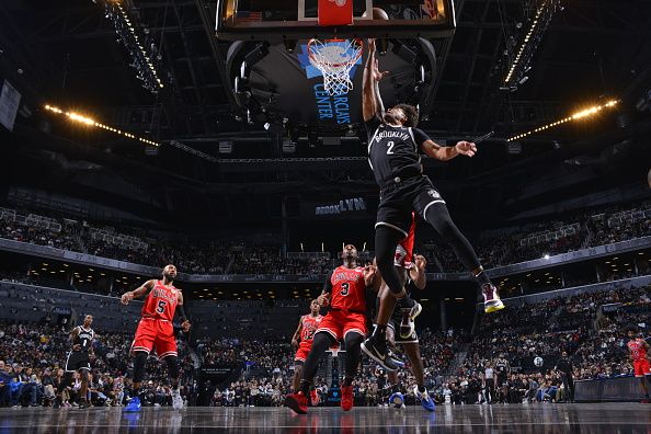 BROOKLYN, NY - NOVEMBER 26: Cameron Johnson #2 of the Brooklyn Nets drives to the basket during the game against the Chicago Bulls on November 26, 2023 at Barclays Center in Brooklyn, New York. NOTE TO USER: User expressly acknowledges and agrees that, by downloading and or using this Photograph, user is consenting to the terms and conditions of the Getty Images License Agreement. Mandatory Copyright Notice: Copyright 2023 NBAE (Photo by Jesse D. Garrabrant/NBAE via Getty Images)