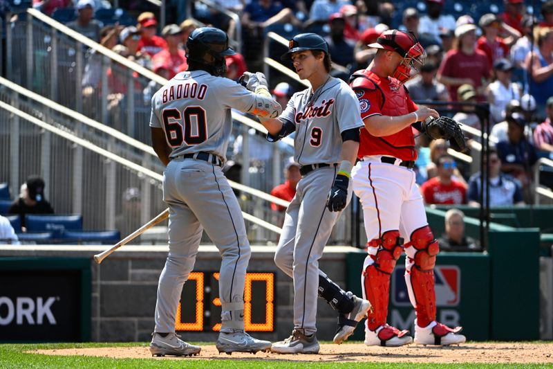 May 21, 2023; Washington, District of Columbia, USA; Detroit Tigers second baseman Nick Maton (9) is congratulated by left fielder Akil Baddoo (60) after hitting a home run against the Washington Nationals during the sixth inning at Nationals Park. Mandatory Credit: Brad Mills-USA TODAY Sports