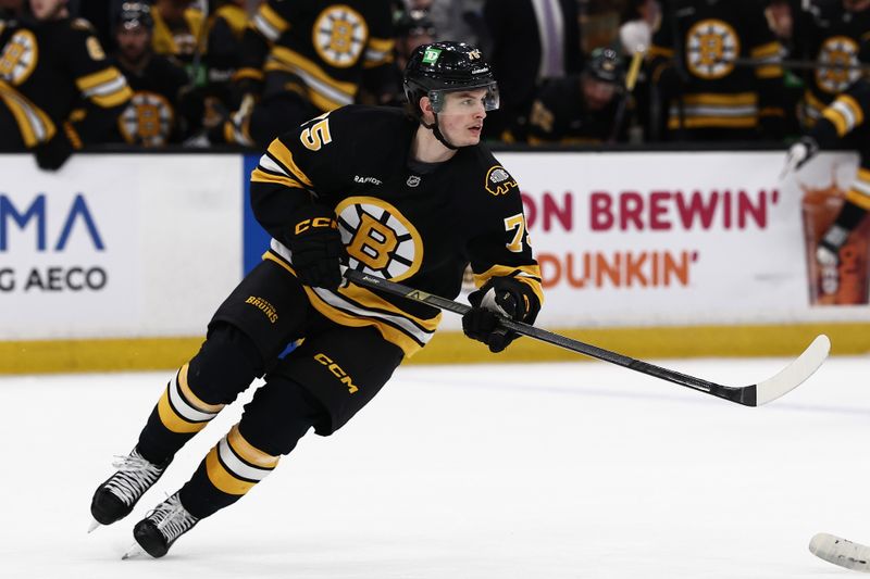 Mar 24, 2026; Boston, Massachusetts, USA; Boston Bruins left wing Lukas Reichel (75) skates against the Toronto Maple Leafs during the third period at TD Garden. Mandatory Credit: Winslow Townson-Imagn Images