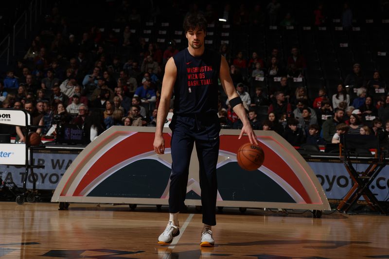 WASHINGTON, DC -? FEBRUARY 25: Deni Avdija #8 of the Washington Wizards warms up before the game against the Cleveland Cavaliers on February 25, 2024 at Capital One Arena in Washington, DC. NOTE TO USER: User expressly acknowledges and agrees that, by downloading and or using this Photograph, user is consenting to the terms and conditions of the Getty Images License Agreement. Mandatory Copyright Notice: Copyright 2024 NBAE (Photo by Stephen Gosling/NBAE via Getty Images)