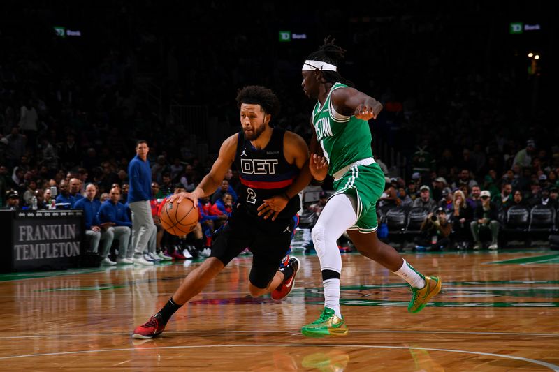 BOSTON, MA - DECEMBER 12:  Cade Cunningham #2 of the Detroit Pistons handles the ball during the game against the Boston Celtics on December 12, 2024 at TD Garden in Boston, Massachusetts. NOTE TO USER: User expressly acknowledges and agrees that, by downloading and/or using this Photograph, user is consenting to the terms and conditions of the Getty Images License Agreement. Mandatory Copyright Notice: Copyright 2024 NBAE (Photo by Brian Babineau/NBAE via Getty Images)