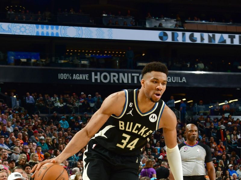 PHOENIX, AZ - MARCH 14: Giannis Antetokounmpo #34 of the Milwaukee Bucks dribbles the ball during the game against the Phoenix Suns on March 14, 2022 at Footprint Center in Phoenix, Arizona. NOTE TO USER: User expressly acknowledges and agrees that, by downloading and or using this photograph, user is consenting to the terms and conditions of the Getty Images License Agreement. Mandatory Copyright Notice: Copyright 2022 NBAE (Photo by Kate Frese/NBAE via Getty Images)